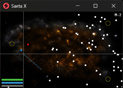 Saeta X on map M-2: collectables scattered across the minimap, with friendly and hostile players marked.