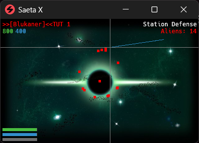 Saeta X on Station Defense: a locked Blukaner showing 800 hit points and 400 shields, fourteen aliens counted, and their positions marked across the minimap.